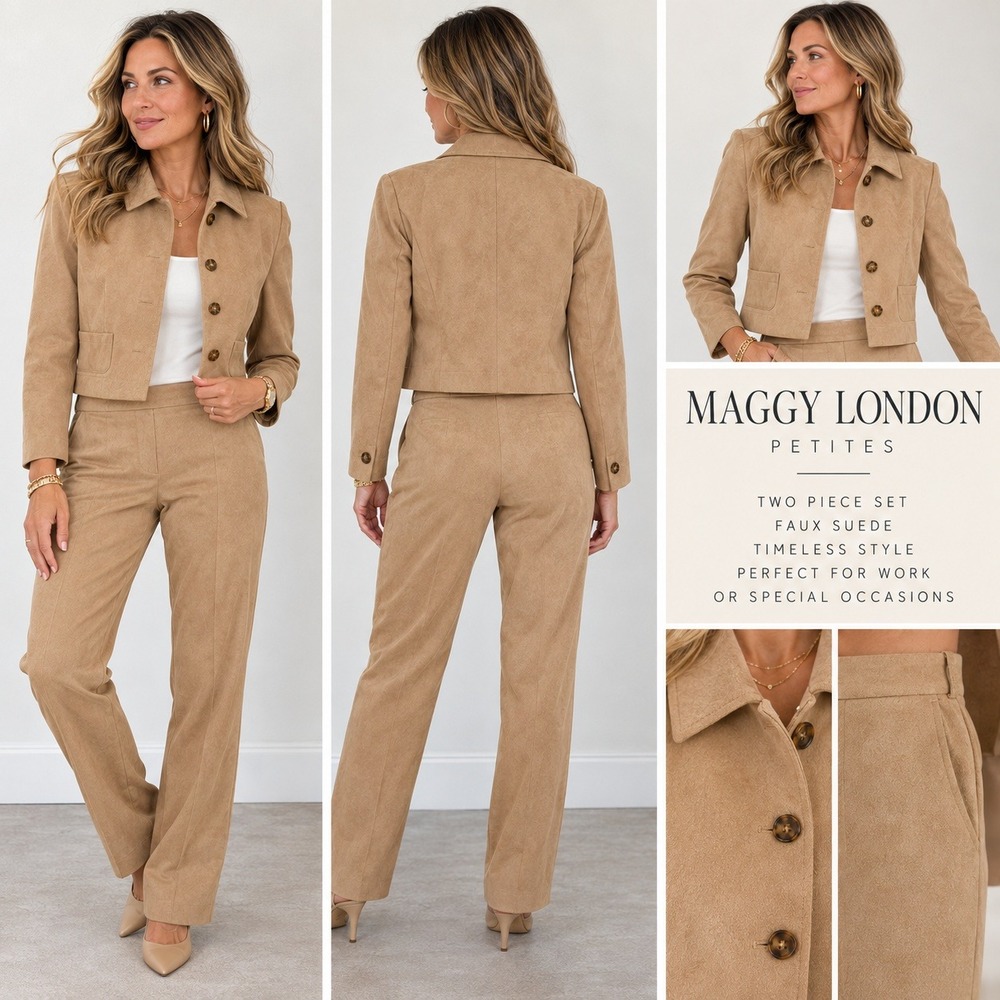 Maggy London Petites Size 12 Tan Faux Suede 2 Piece Pantsuit Jacket Trousers NWT